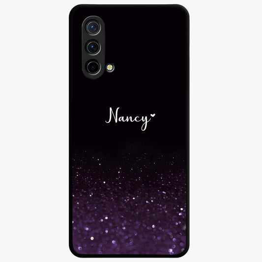 Glittery Purple Bokeh Custom Name Glass Case showing flat back view with purple bokeh sparkle artwork and personalized name design.