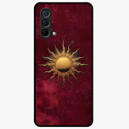 Gold Sun Blush Glass Case showing flat back view with golden sun inspired artwork and glossy glass finish.