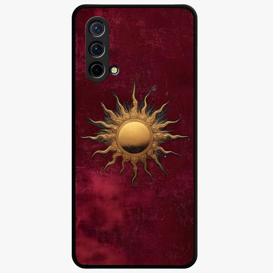 Gold Sun Blush Glass Case showing flat back view with golden sun inspired artwork and glossy glass finish.