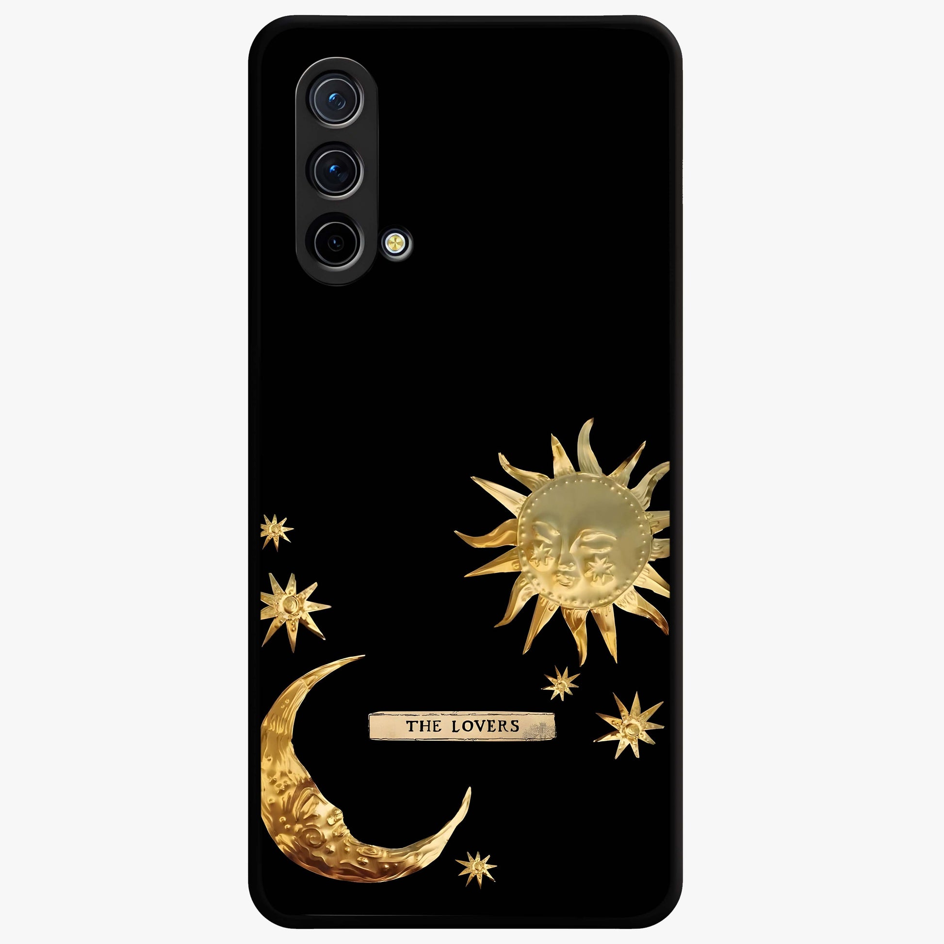 Golden Celestial Charm Glass Case showing flat back view with golden celestial charm artwork and glossy glass finish.