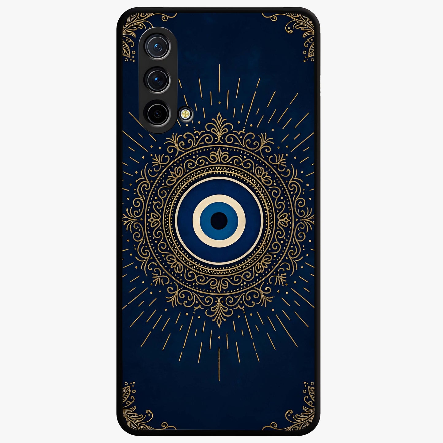 Golden Evil Eye Mandala Glass Case showing flat back view with intricate evil eye mandala artwork and glossy glass finish.