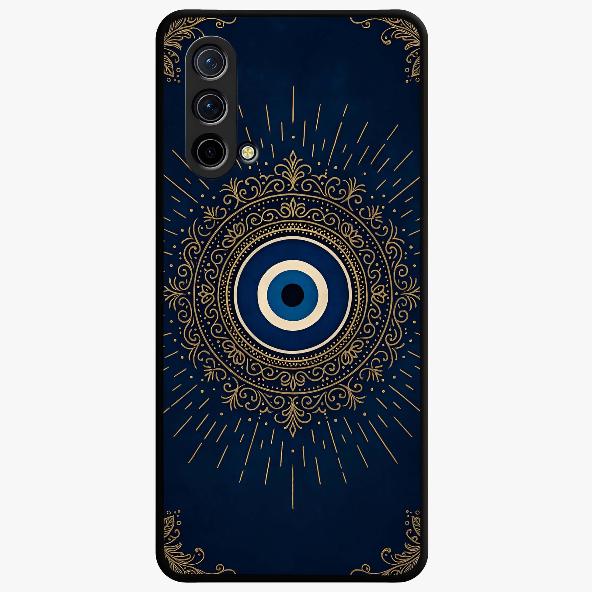Golden Evil Eye Mandala Glass Case showing flat back view with intricate evil eye mandala artwork and glossy glass finish.