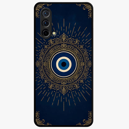 Golden Evil Eye Mandala Glass Case showing flat back view with intricate evil eye mandala artwork and glossy glass finish.
