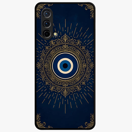 Golden Evil Eye Mandala Glass Case showing flat back view with intricate evil eye mandala artwork and glossy glass finish.