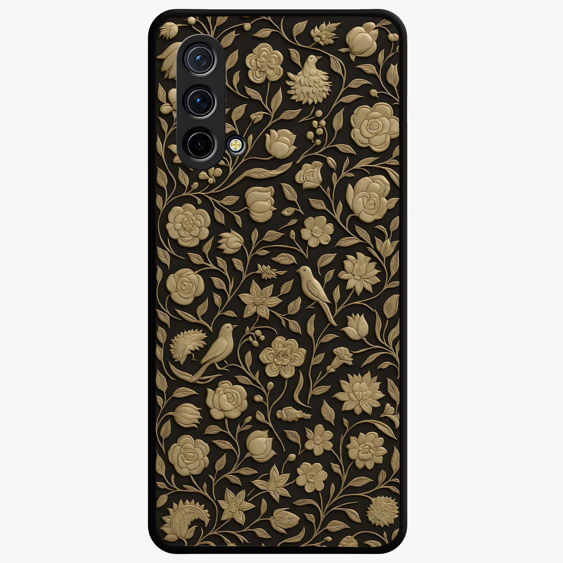 Golden Floral Majesty Glass Case showing flat back view with luxurious golden floral artwork and glossy glass finish.