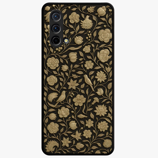 Golden Floral Majesty Glass Case showing flat back view with luxurious golden floral artwork and glossy glass finish.