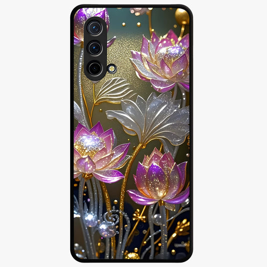 Golden Lotus Glow Glass Case showing flat back view with glowing lotus flower artwork and glossy glass finish.