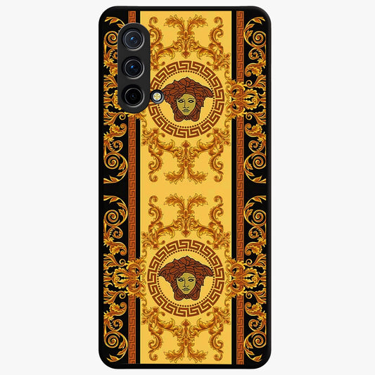 Golden Royal Heritage Glass Case showing flat back view with ornate royal pattern artwork and glossy glass finish.