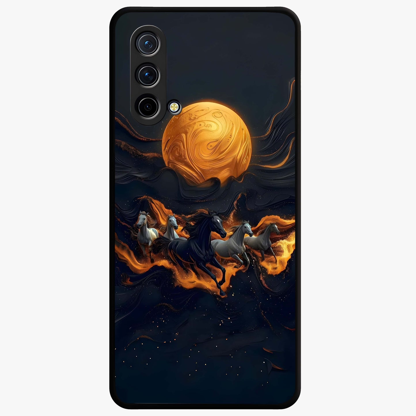 Golden Stallion Moonride Glass Case showing flat back view with majestic horse under moonlight artwork and glossy glass finish.