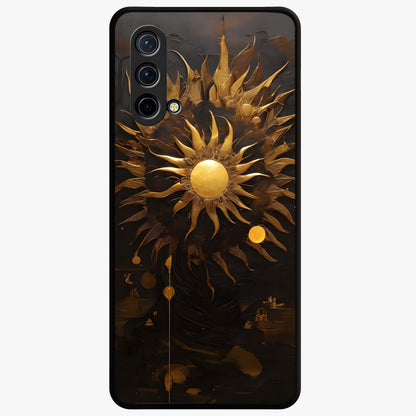 Golden Sun Majesty Glass Case showing flat back view with radiant golden sun artwork and glossy glass finish.