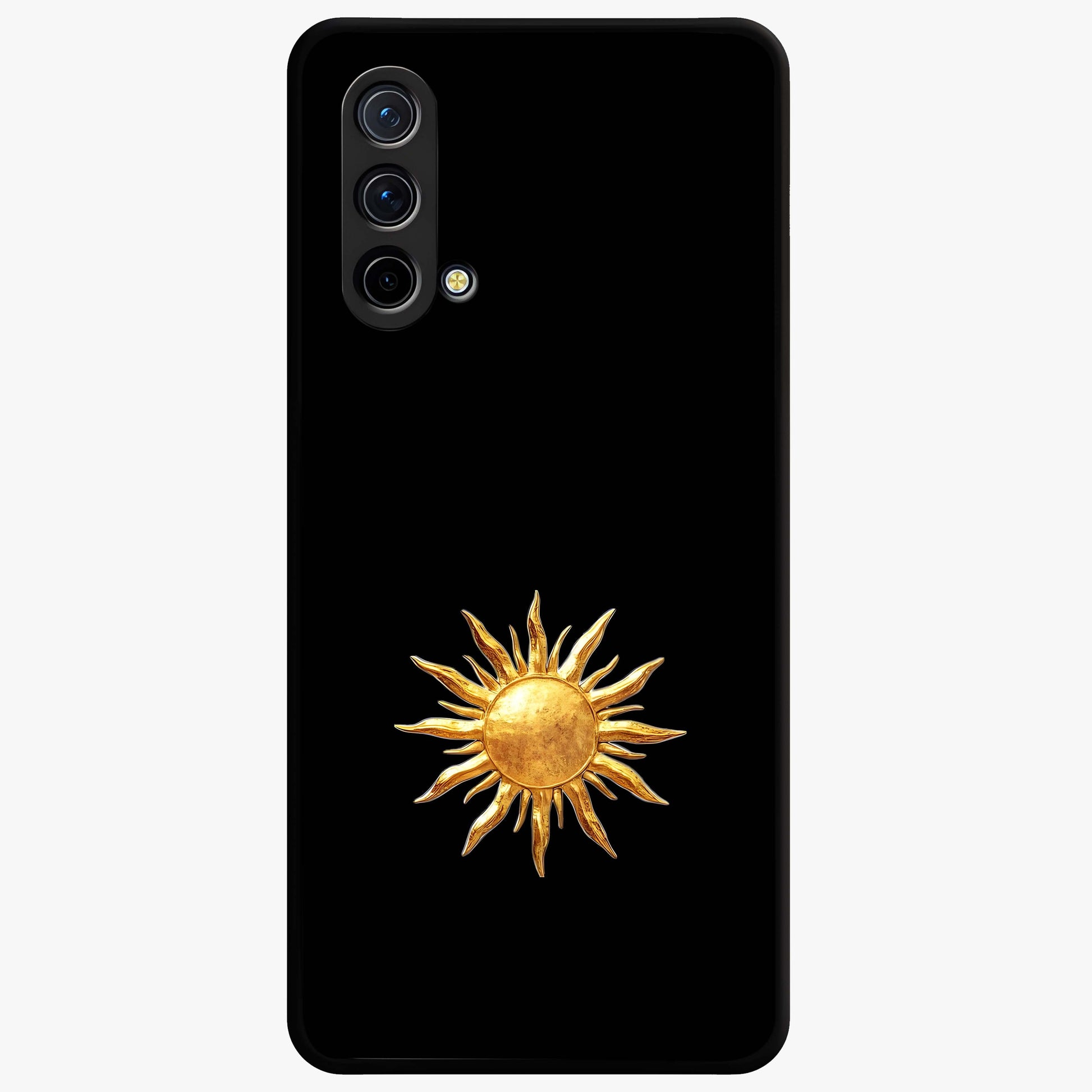 Golden Sun Minimalism Glass Case showing flat back view with minimal golden sun artwork and glossy glass finish.
