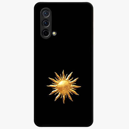 Golden Sun Minimalism Glass Case showing flat back view with minimal golden sun artwork and glossy glass finish.