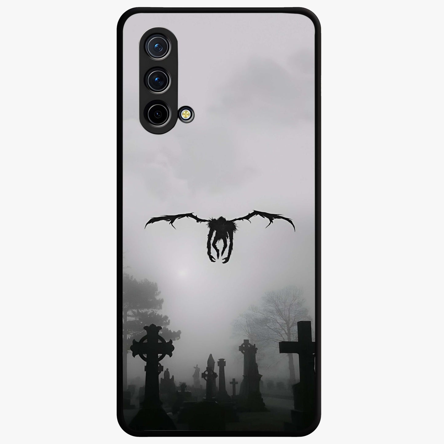 Graveyard Shadow Descent Glass Case showing flat back view with dark graveyard themed artwork and glossy glass finish.