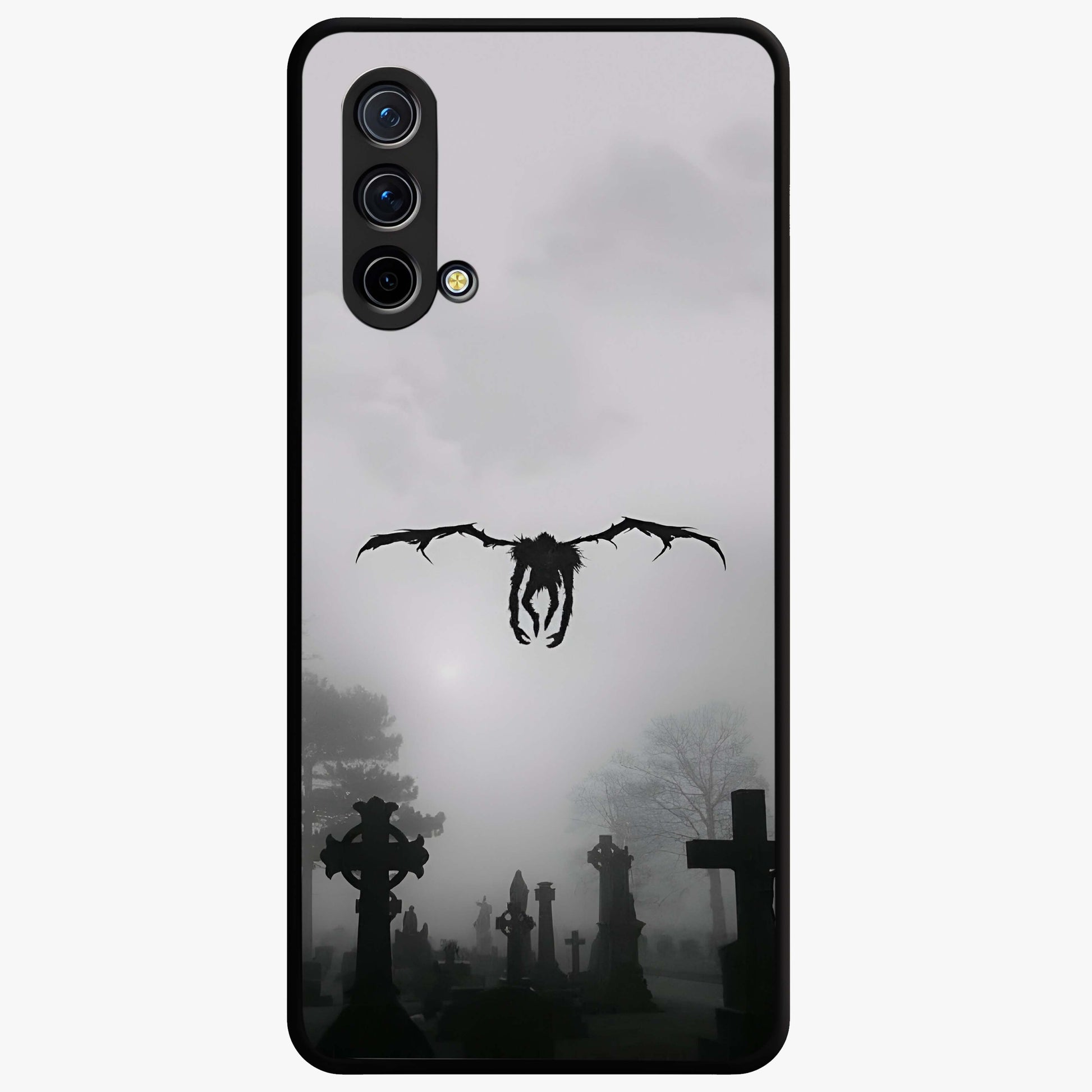 Graveyard Shadow Descent Glass Case showing flat back view with dark graveyard themed artwork and glossy glass finish.