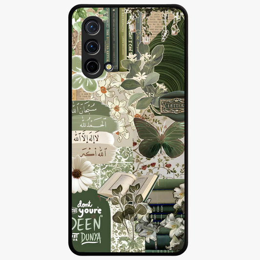 Green Islamic Books Quotes Glass Case showing flat back view with Islamic quotes and book themed artwork and glossy glass finish.