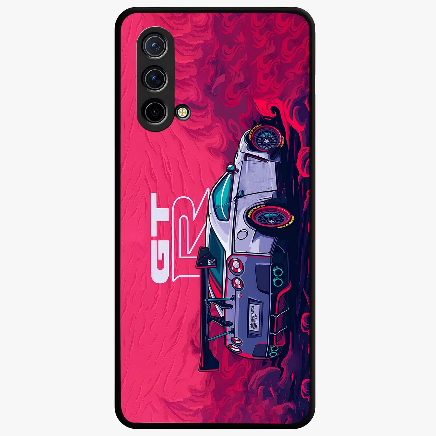 GT-R Car Pattern Glass Case showing flat back view with sporty car inspired pattern artwork and glossy glass finish.