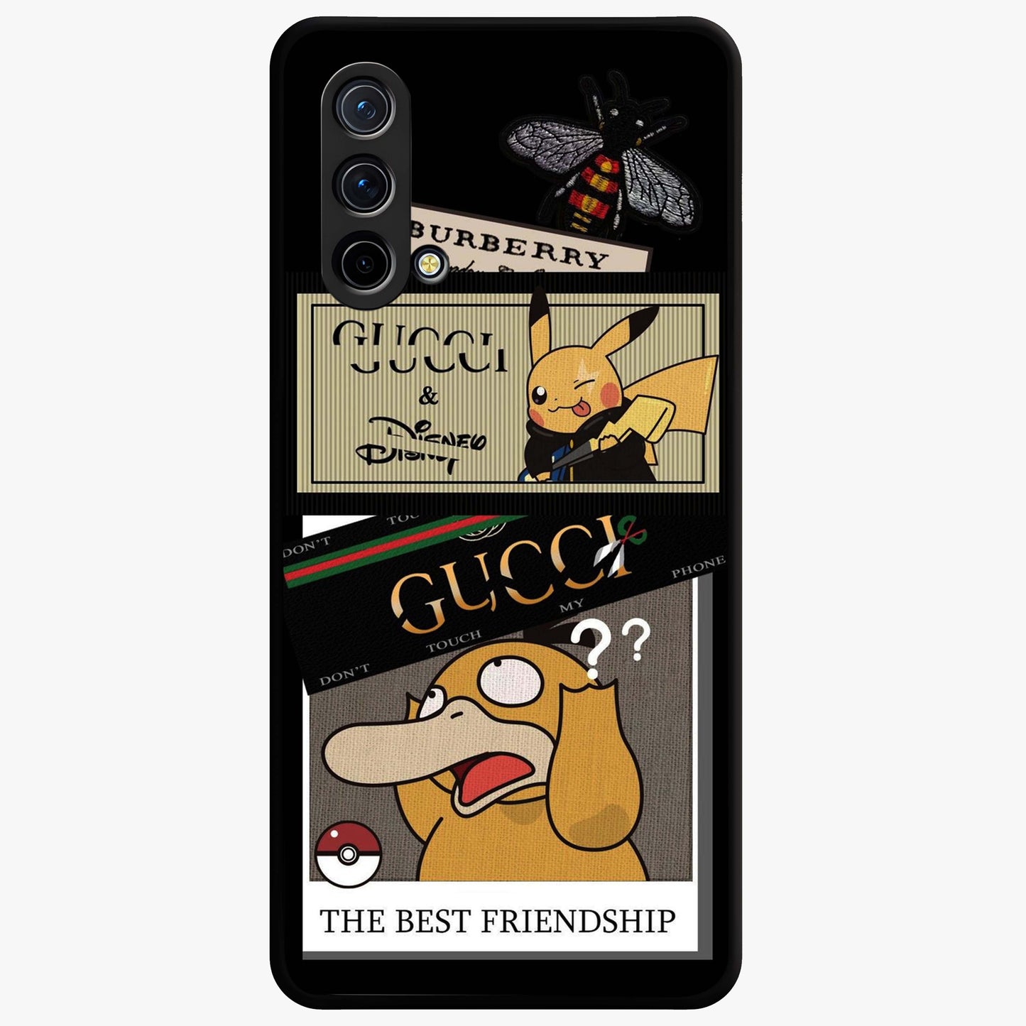 Gucci Play Mashup Glass Case showing flat back view with luxury inspired graphic artwork and glossy glass finish.