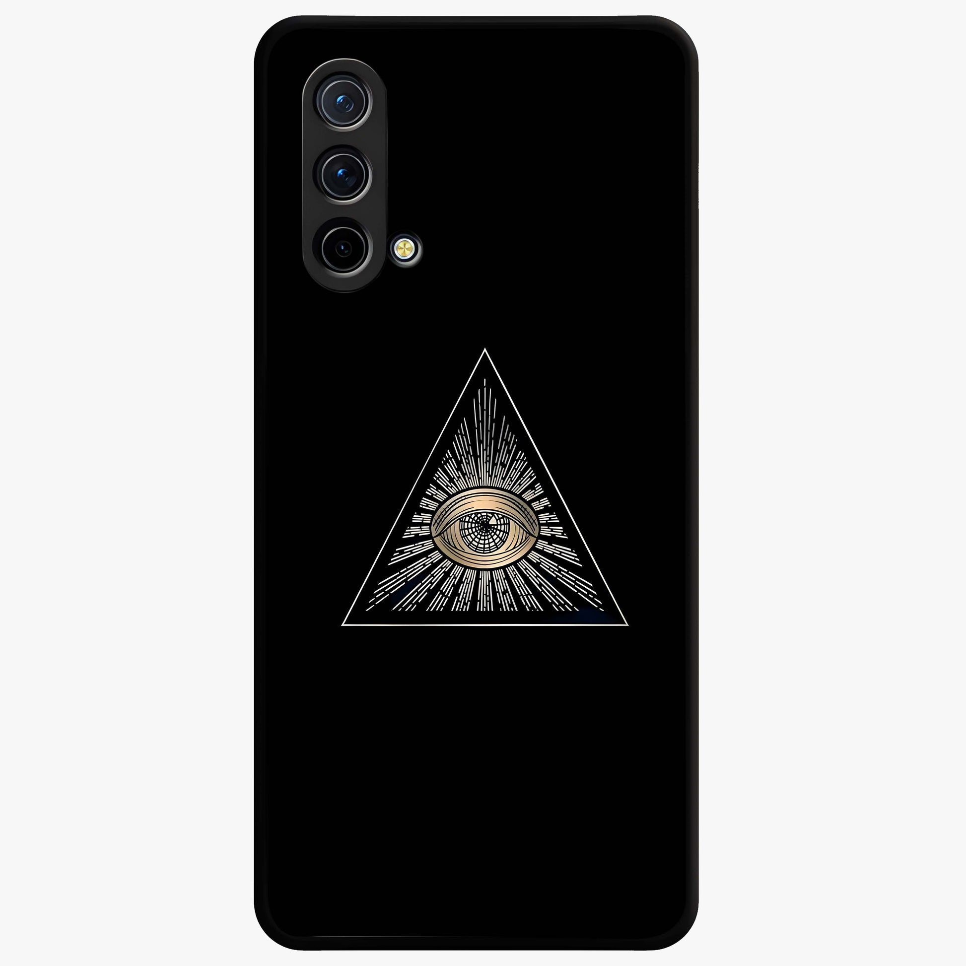 Illuminati Evil Glass Case showing flat back view with mysterious illuminati symbol artwork and glossy glass finish.