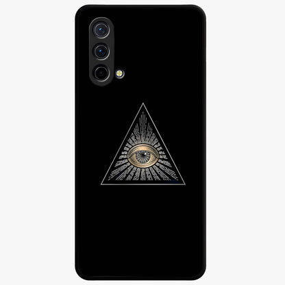 Illuminati Evil Glass Case showing flat back view with mysterious illuminati symbol artwork and glossy glass finish.