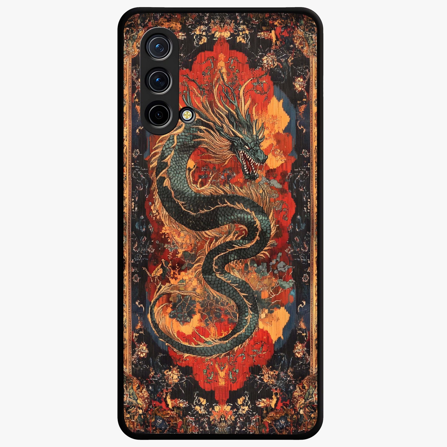 Inferno Dragon Soul Glass Case showing flat back view with fiery dragon artwork and glossy glass finish.