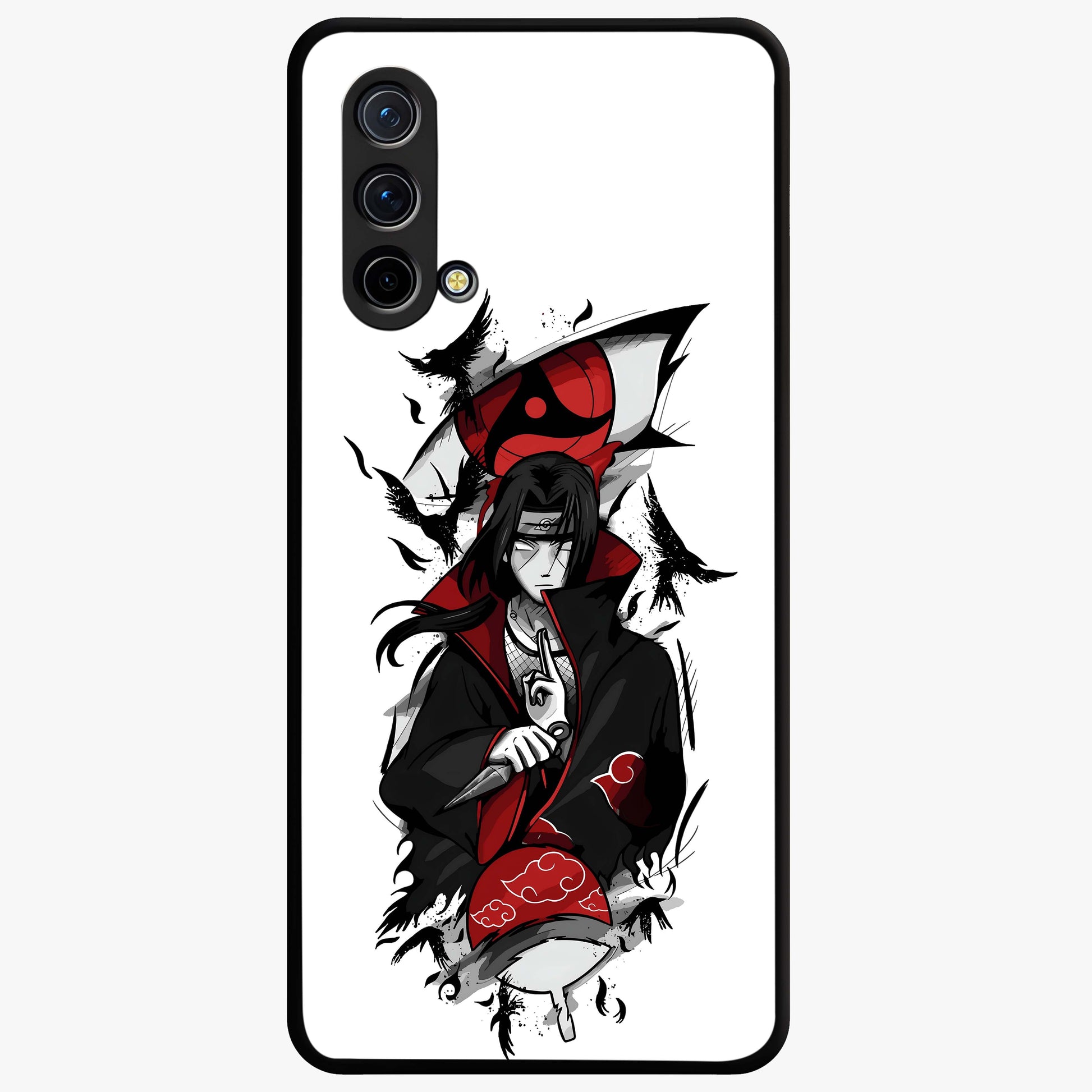 Itachi Sharingan Glass Case showing flat back view with powerful anime eye artwork and glossy glass finish.