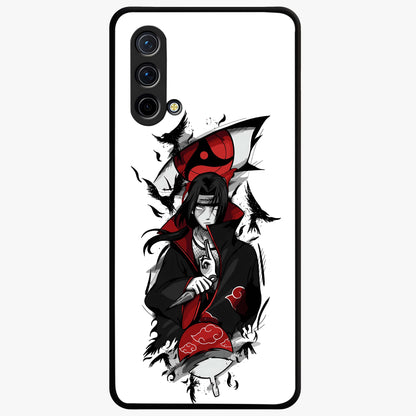Itachi Sharingan Glass Case showing flat back view with powerful anime eye artwork and glossy glass finish.