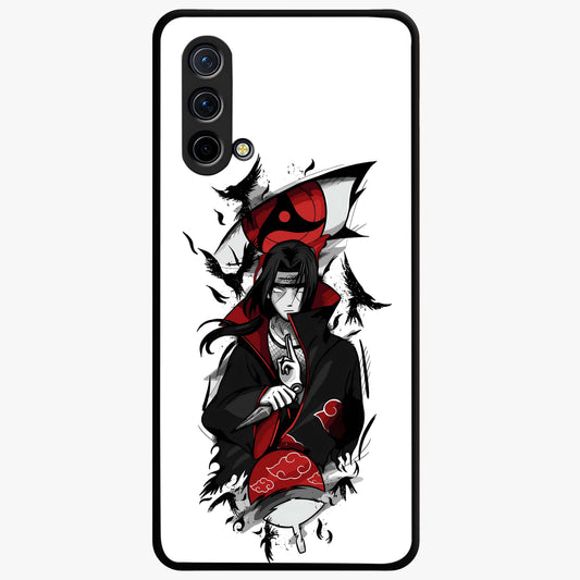 Itachi Sharingan Glass Case showing flat back view with powerful anime eye artwork and glossy glass finish.