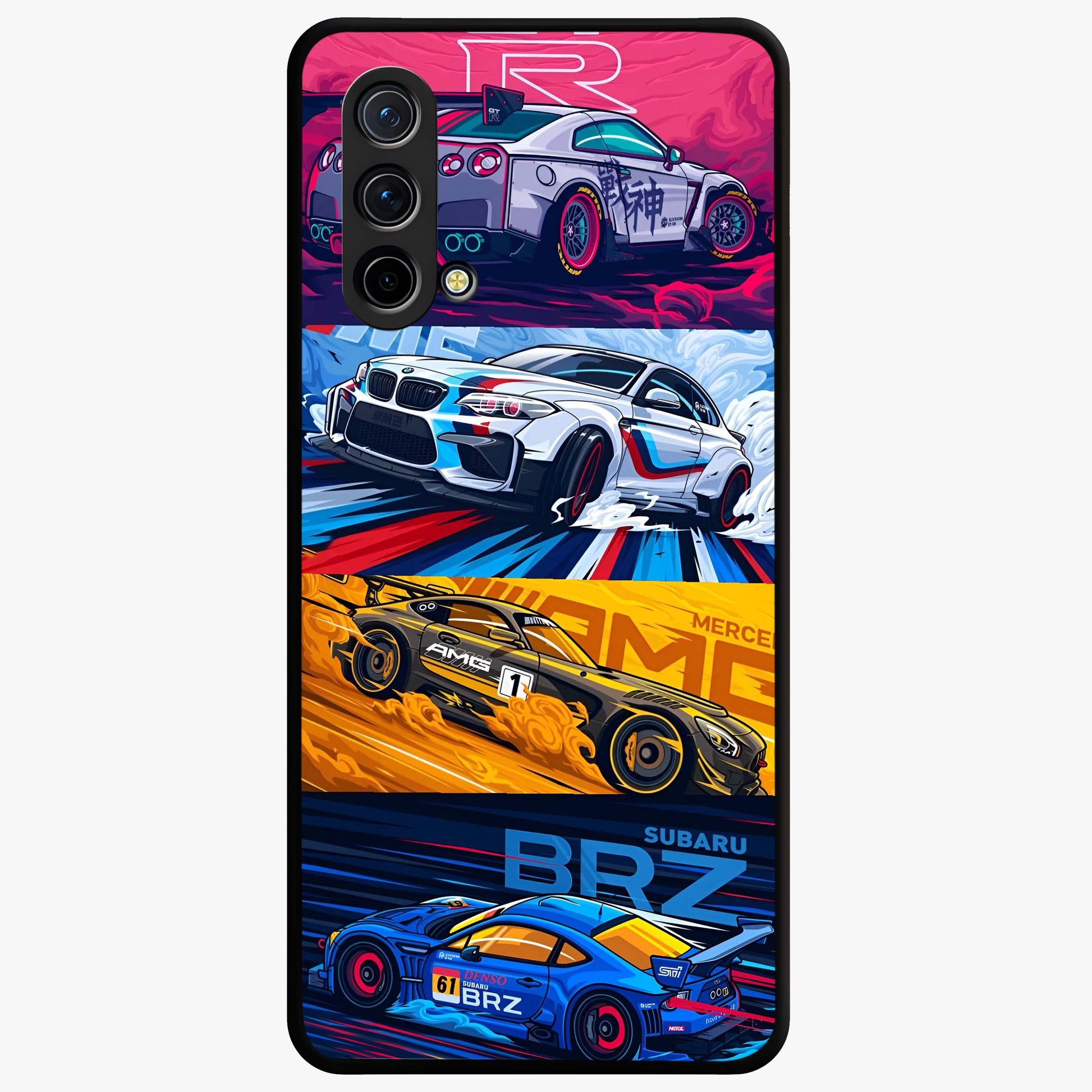 JDM Sports Car Glass Case showing flat back view with high performance sports car artwork and glossy glass finish.