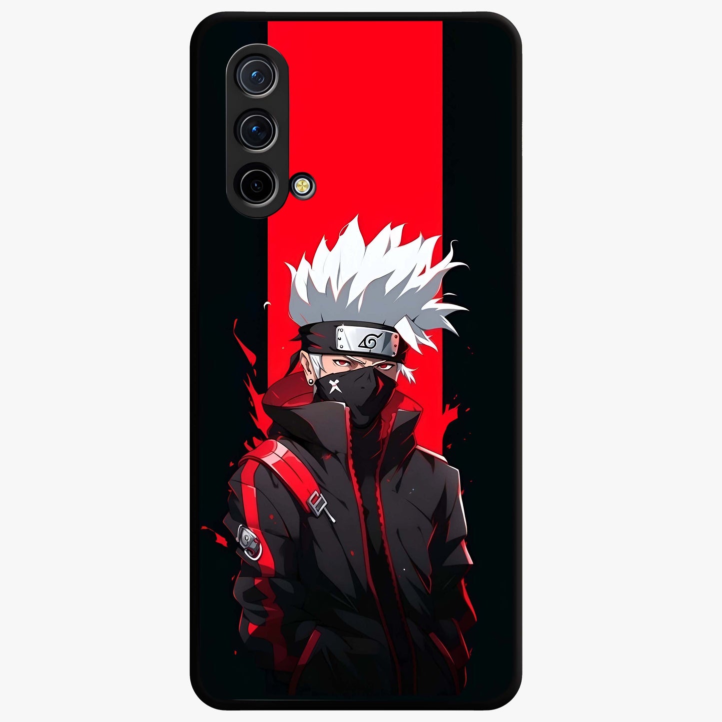 Kakashi Scarlet Shadow Glass Case showing flat back view with powerful anime ninja artwork and glossy glass finish.