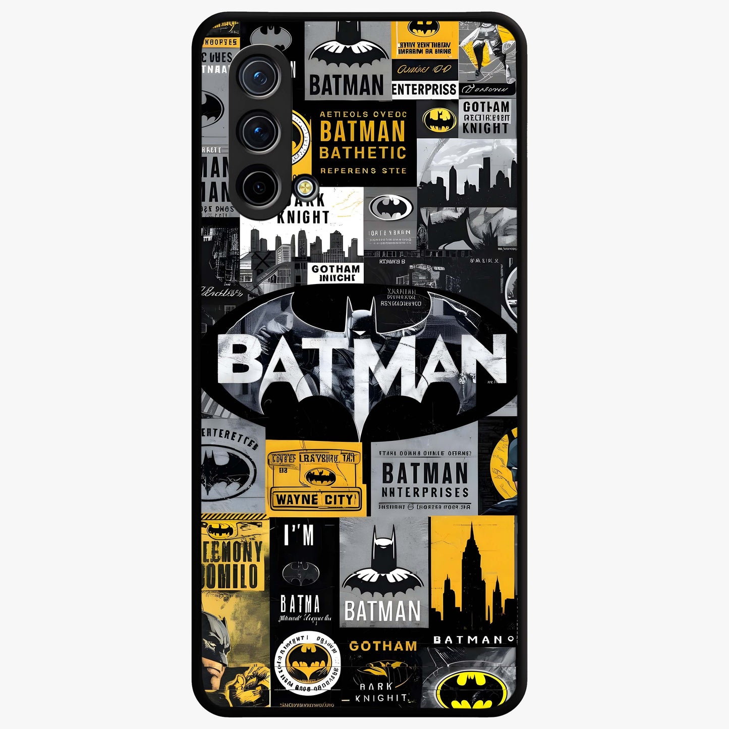 Knight Gotham Rise Glass Case showing flat back view with dark hero inspired artwork and glossy glass finish.