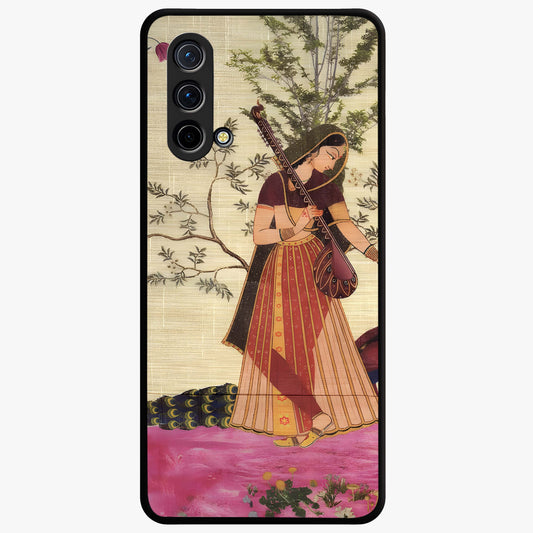 Lady With Veena Art Glass Case showing flat back view with elegant woman playing veena artwork and glossy glass finish.