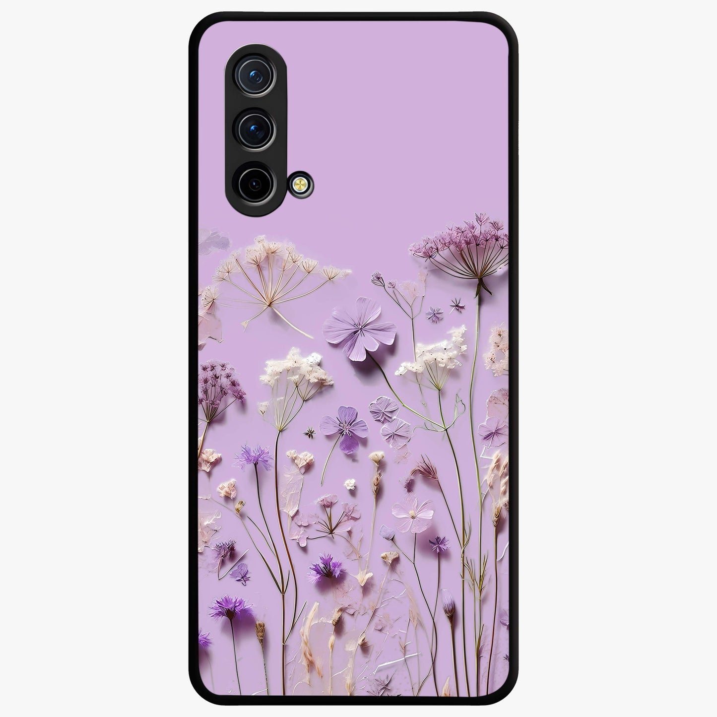 Lavender Blossom Dream Glass Case showing flat back view with soft lavender floral artwork and glossy glass finish.