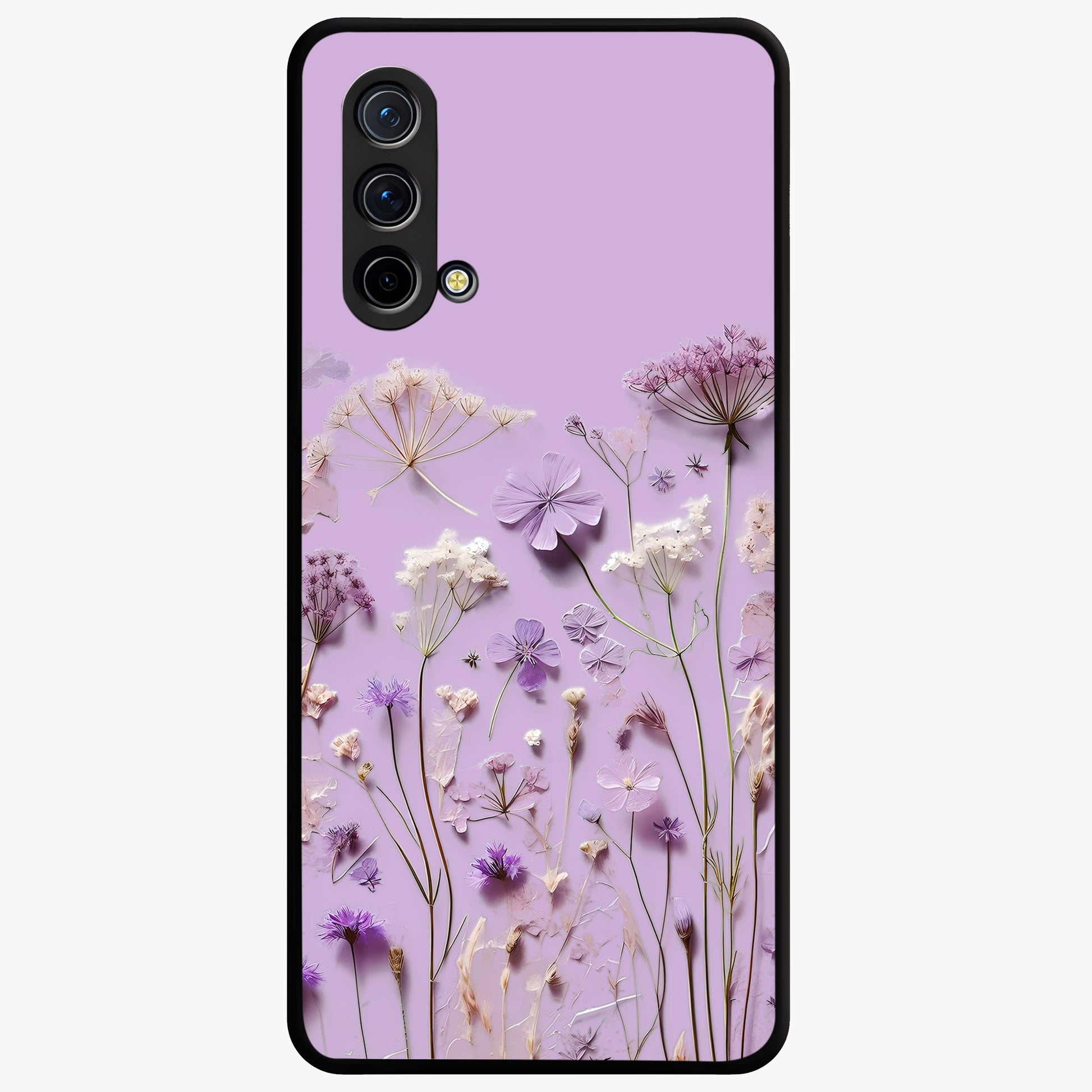 Lavender Blossom Dream Glass Case showing flat back view with soft lavender floral artwork and glossy glass finish.