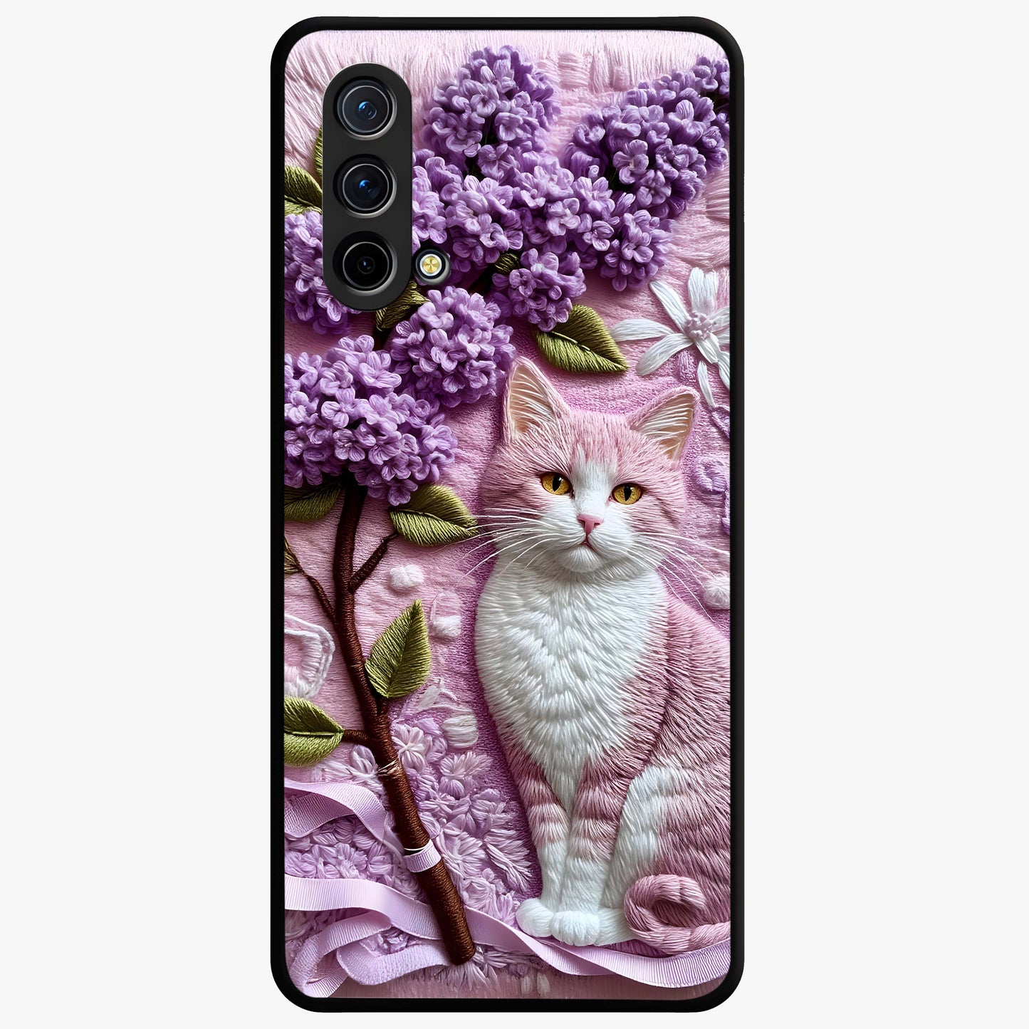 Lavender Cat Whimsy Glass Case showing flat back view with cute lavender cat artwork and glossy glass finish.