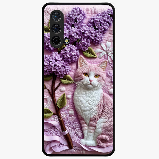 Lavender Cat Whimsy Glass Case showing flat back view with cute lavender cat artwork and glossy glass finish.