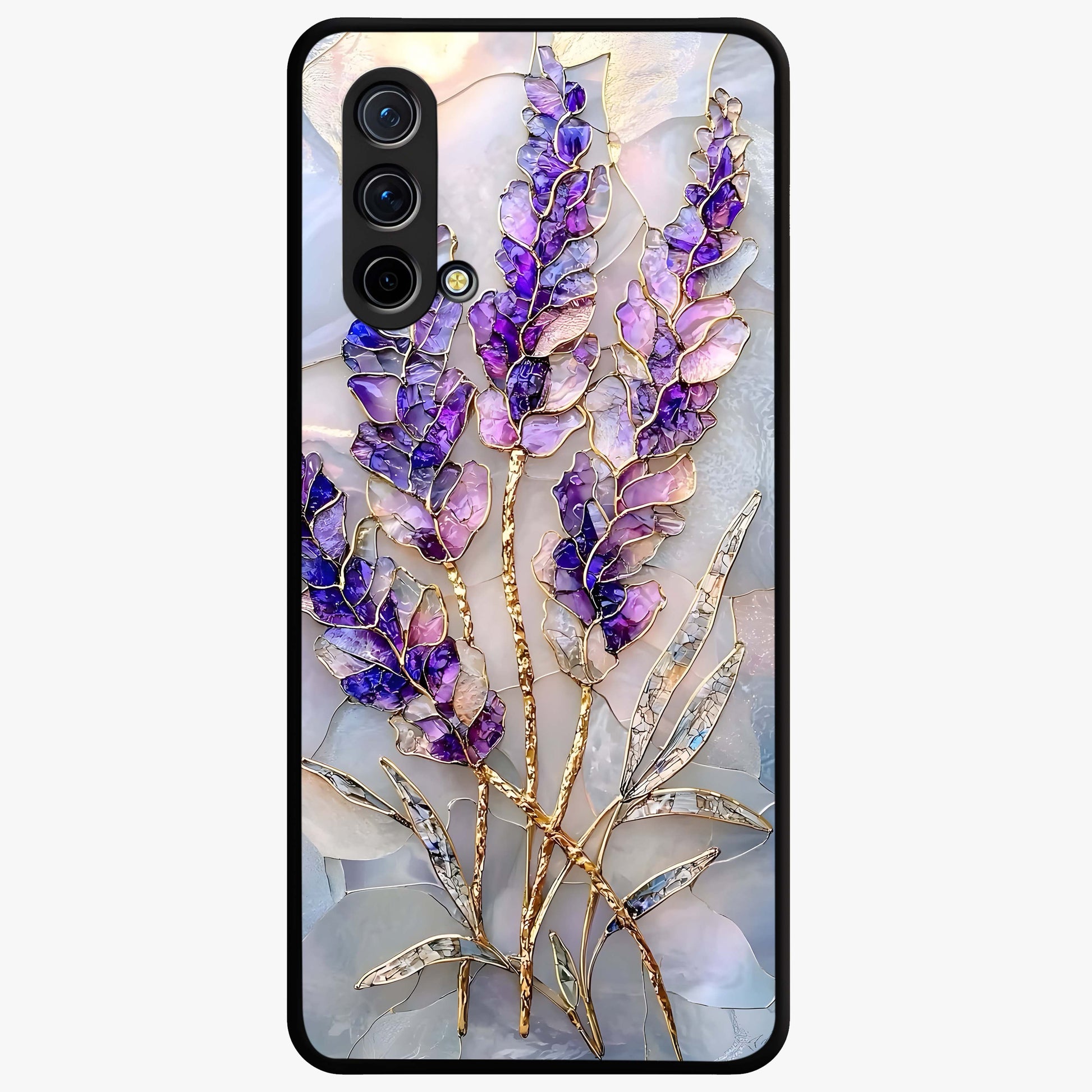Lavender Dream Glow Glass Case showing flat back view with glowing lavender aesthetic artwork and glossy glass finish.