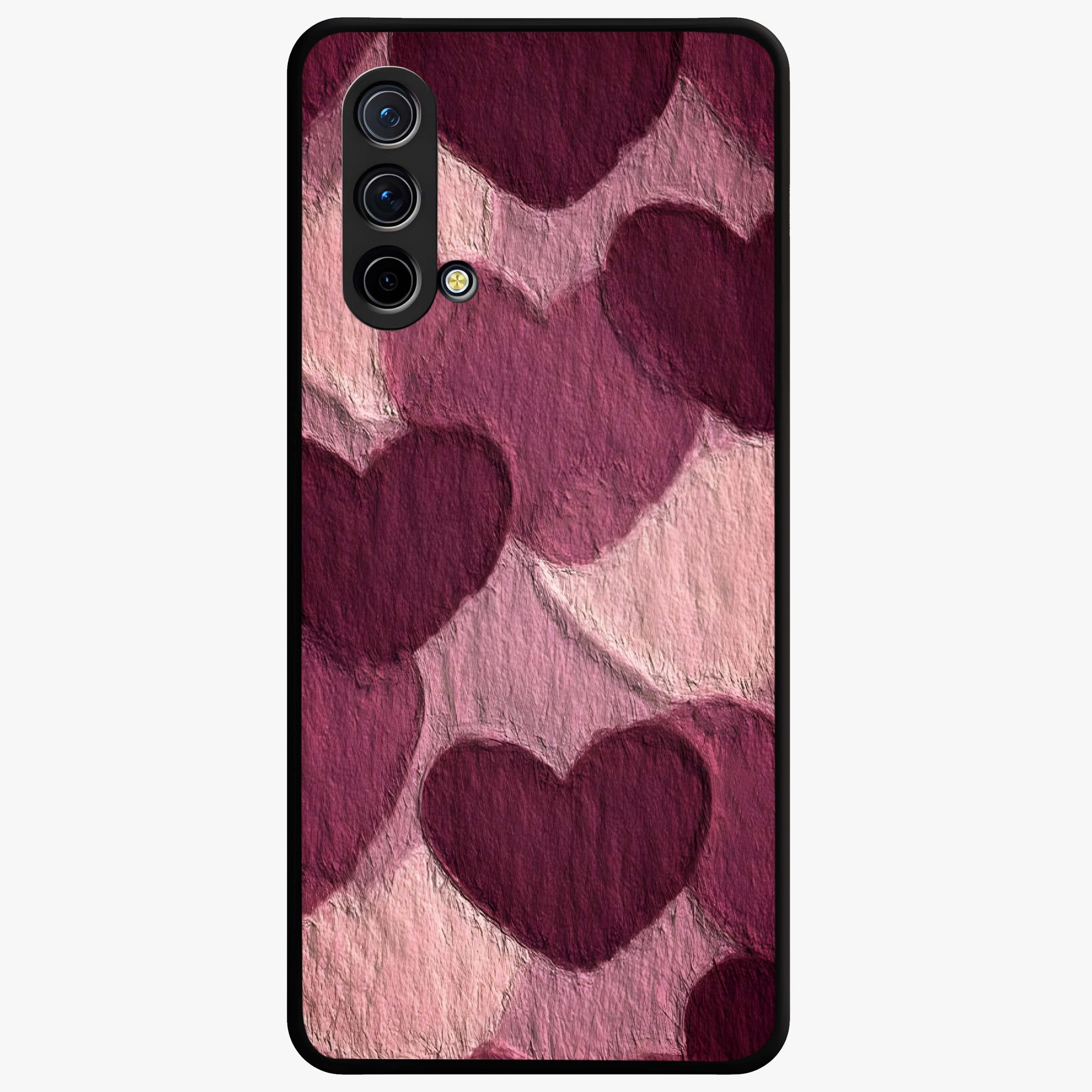 Layered Paper Hearts Glass Case showing flat back view with layered paper heart artwork and glossy glass finish.