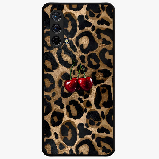 Leopard Wild Cherry Glass Case showing flat back view with leopard pattern and cherry artwork and glossy glass finish.