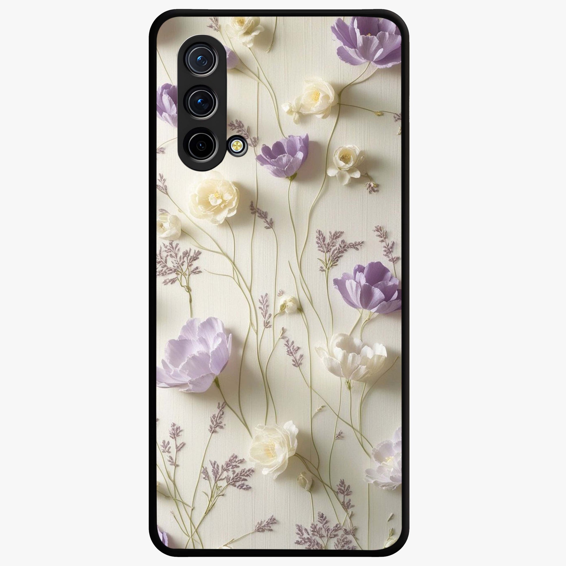 Lilac Breeze Harmony Glass Case showing flat back view with soft lilac themed artwork and glossy glass finish.