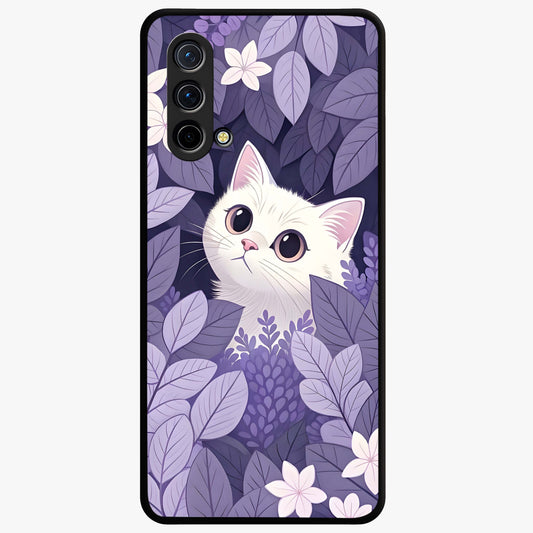 Lilac Hide Peek Cat Glass Case showing flat back view with cute peeking cat artwork and glossy glass finish.