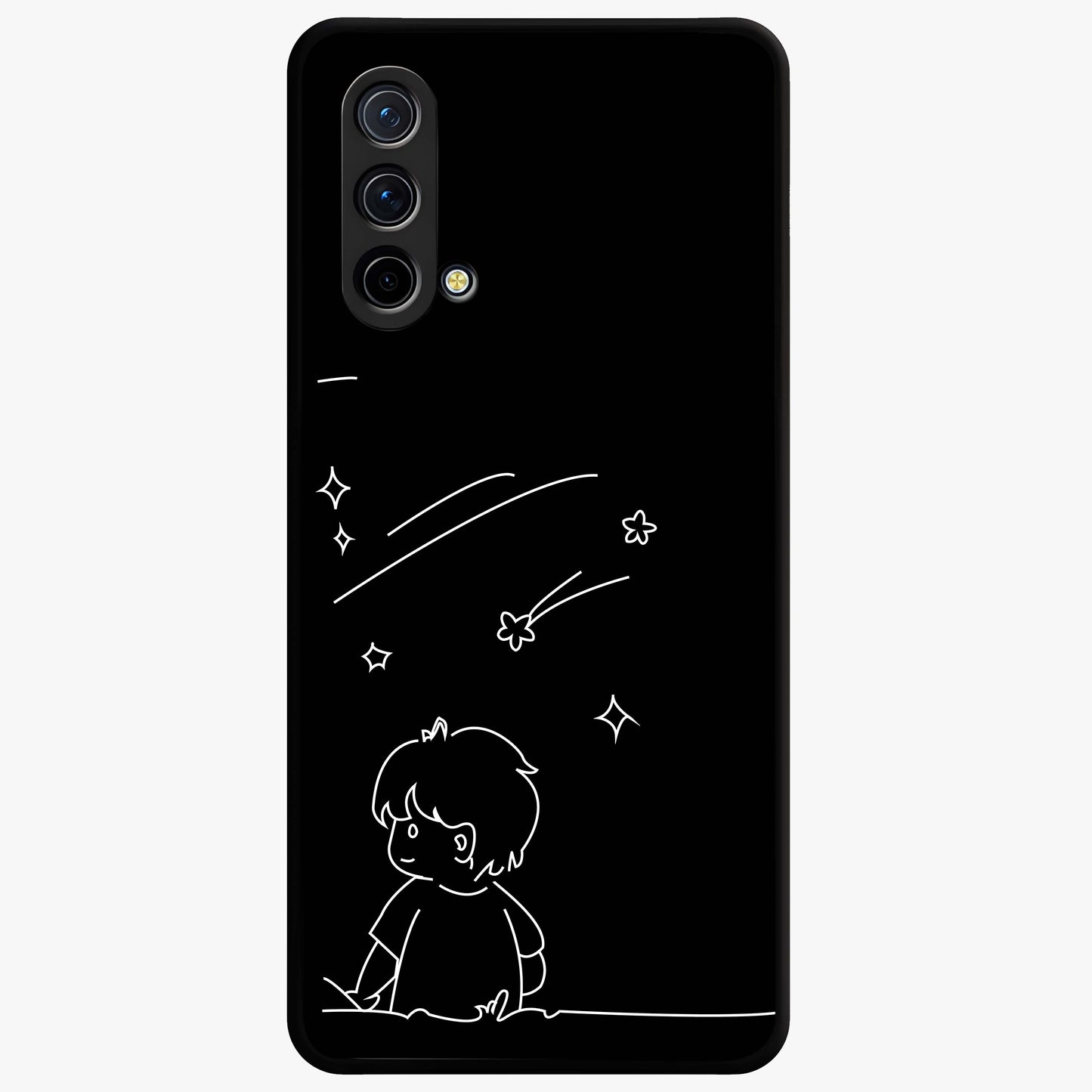 Line Art Boy With Shooting Stars Glass Case showing flat back view with minimal line art boy and shooting stars illustration and glossy glass finish.