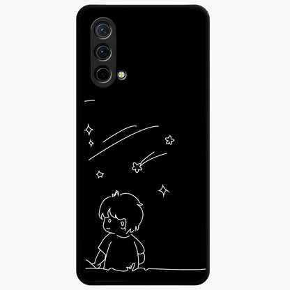 Line Art Boy With Shooting Stars Glass Case showing flat back view with minimal line art boy and shooting stars illustration and glossy glass finish.