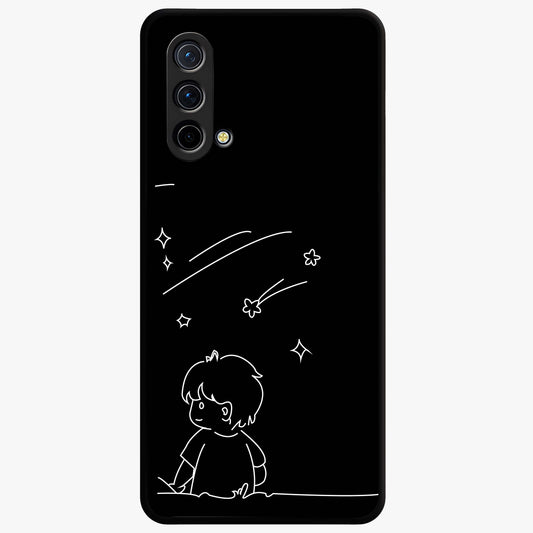 Line Art Boy With Shooting Stars Glass Case showing flat back view with minimal line art boy and shooting stars illustration and glossy glass finish.