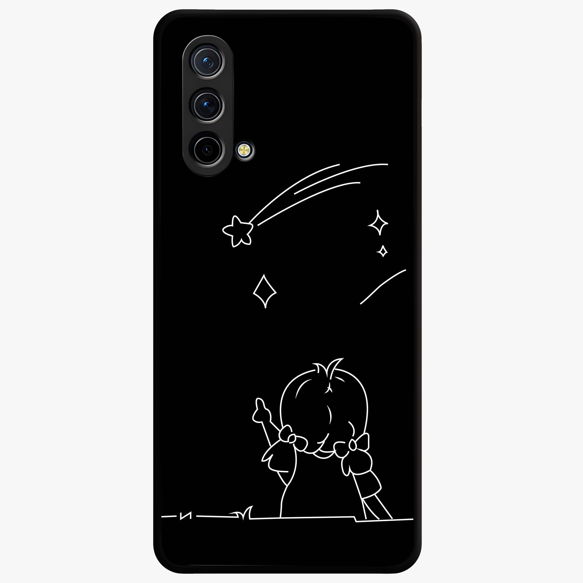 Line Art Girl With Shooting Stars Glass Case showing flat back view with minimal line art girl and shooting stars illustration and glossy glass finish.