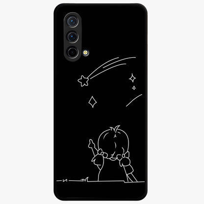Line Art Girl With Shooting Stars Glass Case showing flat back view with minimal line art girl and shooting stars illustration and glossy glass finish.