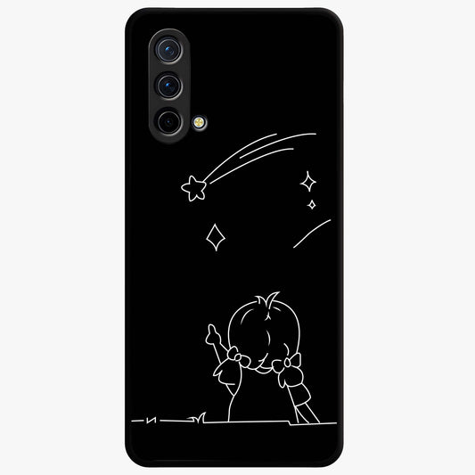 Line Art Girl With Shooting Stars Glass Case showing flat back view with minimal line art girl and shooting stars illustration and glossy glass finish.