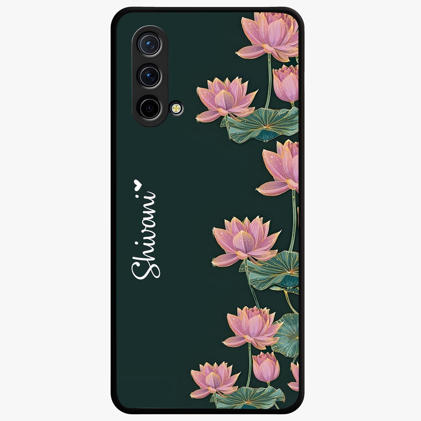 Lotus Bloom Serenity Custom Name Glass Case showing flat back view with elegant lotus flower artwork and personalized name design.