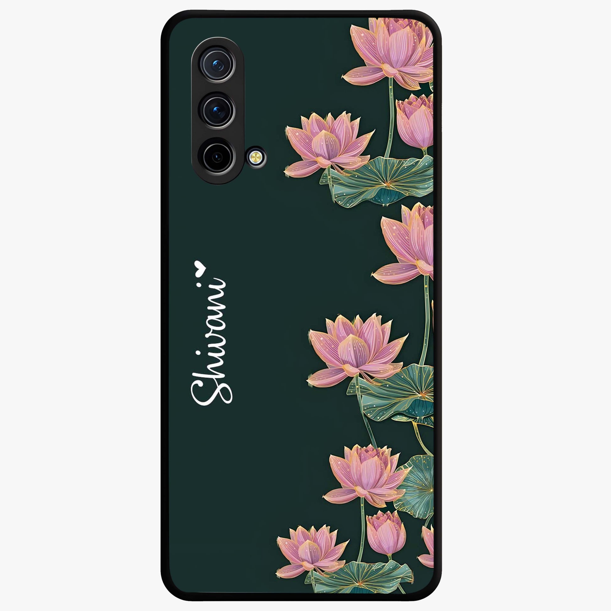 Lotus Bloom Serenity Custom Name Glass Case showing flat back view with elegant lotus flower artwork and personalized name design.