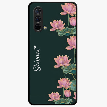 Lotus Bloom Serenity Custom Name Glass Case showing flat back view with elegant lotus flower artwork and personalized name design.