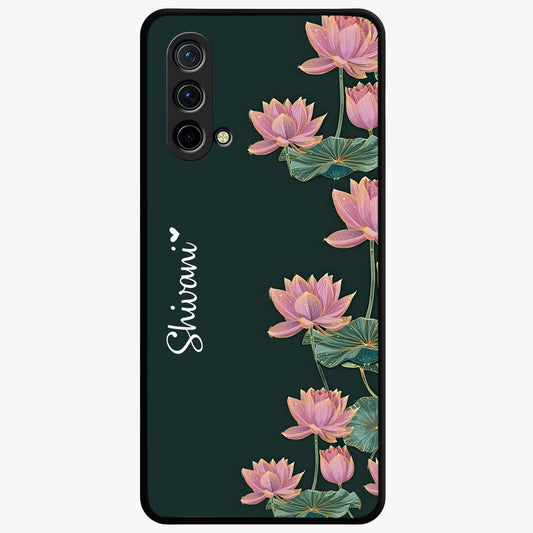 Lotus Bloom Serenity Custom Name Glass Case showing flat back view with elegant lotus flower artwork and personalized name design.